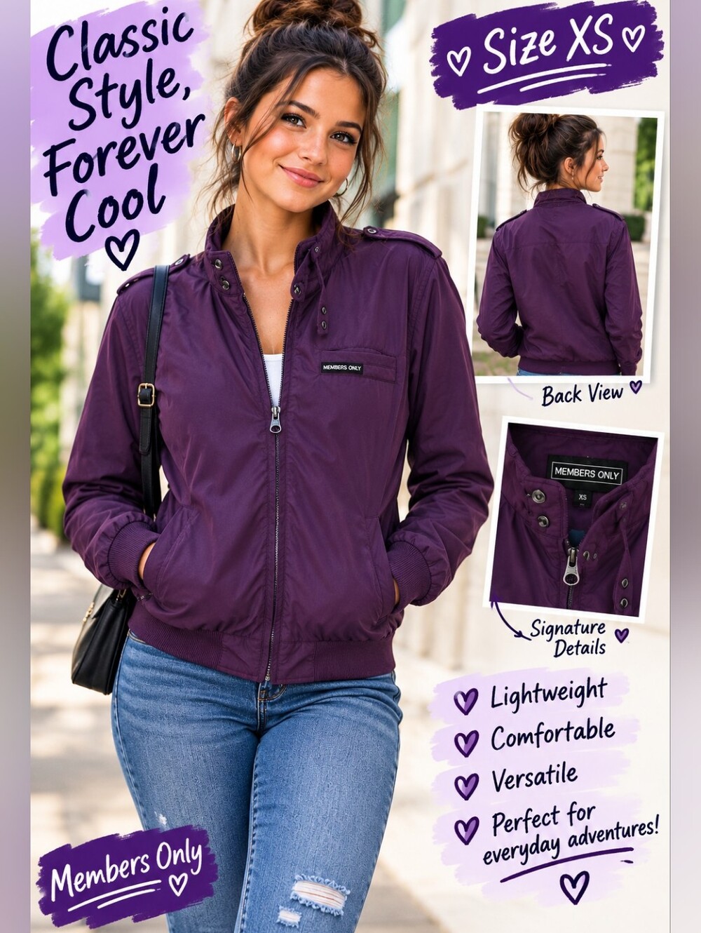Members Only Purple Lightweight Bomber Jacket with Stand Collar